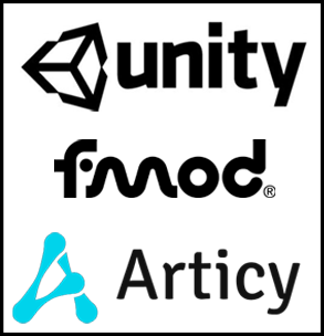 Unity, FMOD and Articy logos.